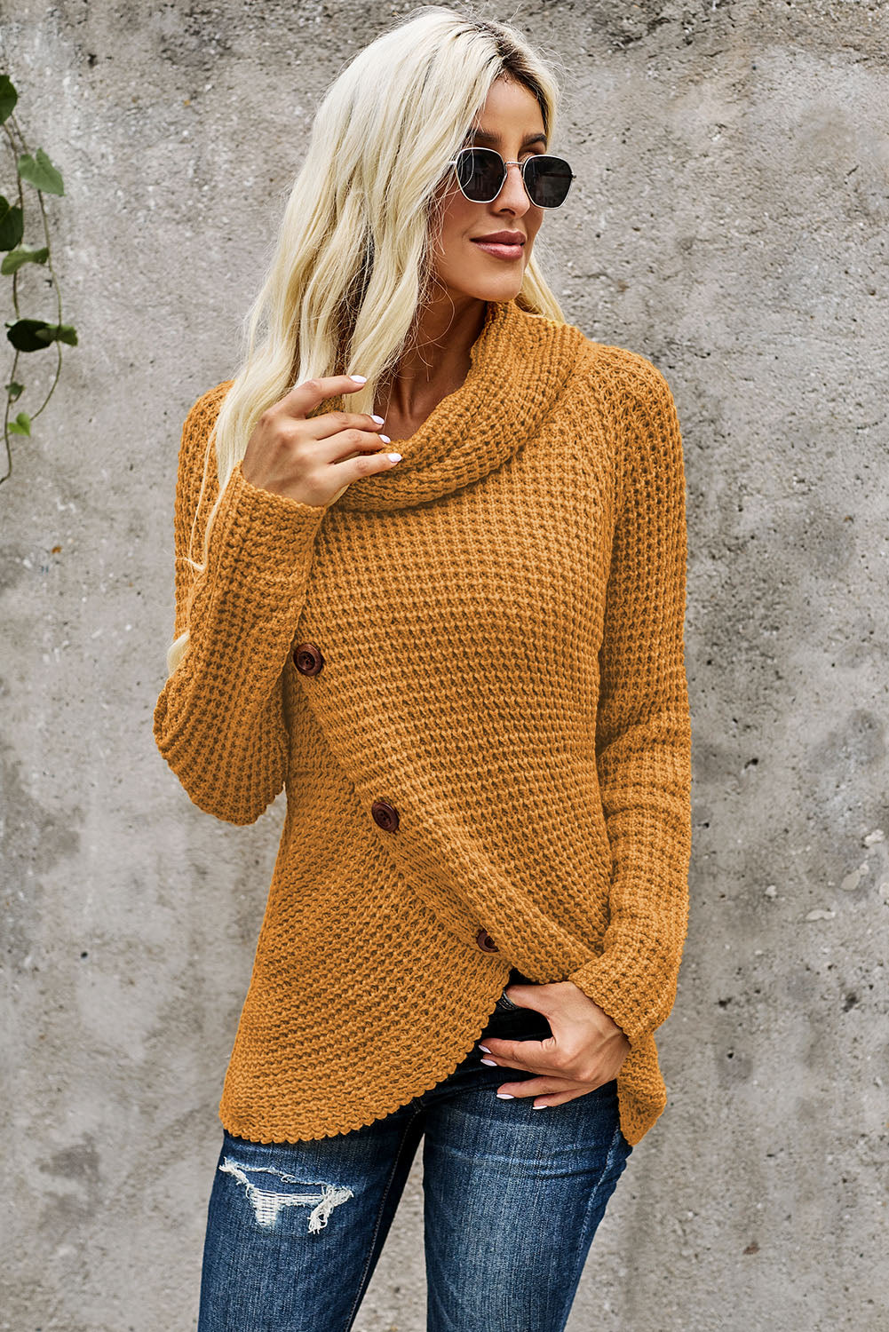 Khaki Buttoned Wrap Turtleneck Sweater