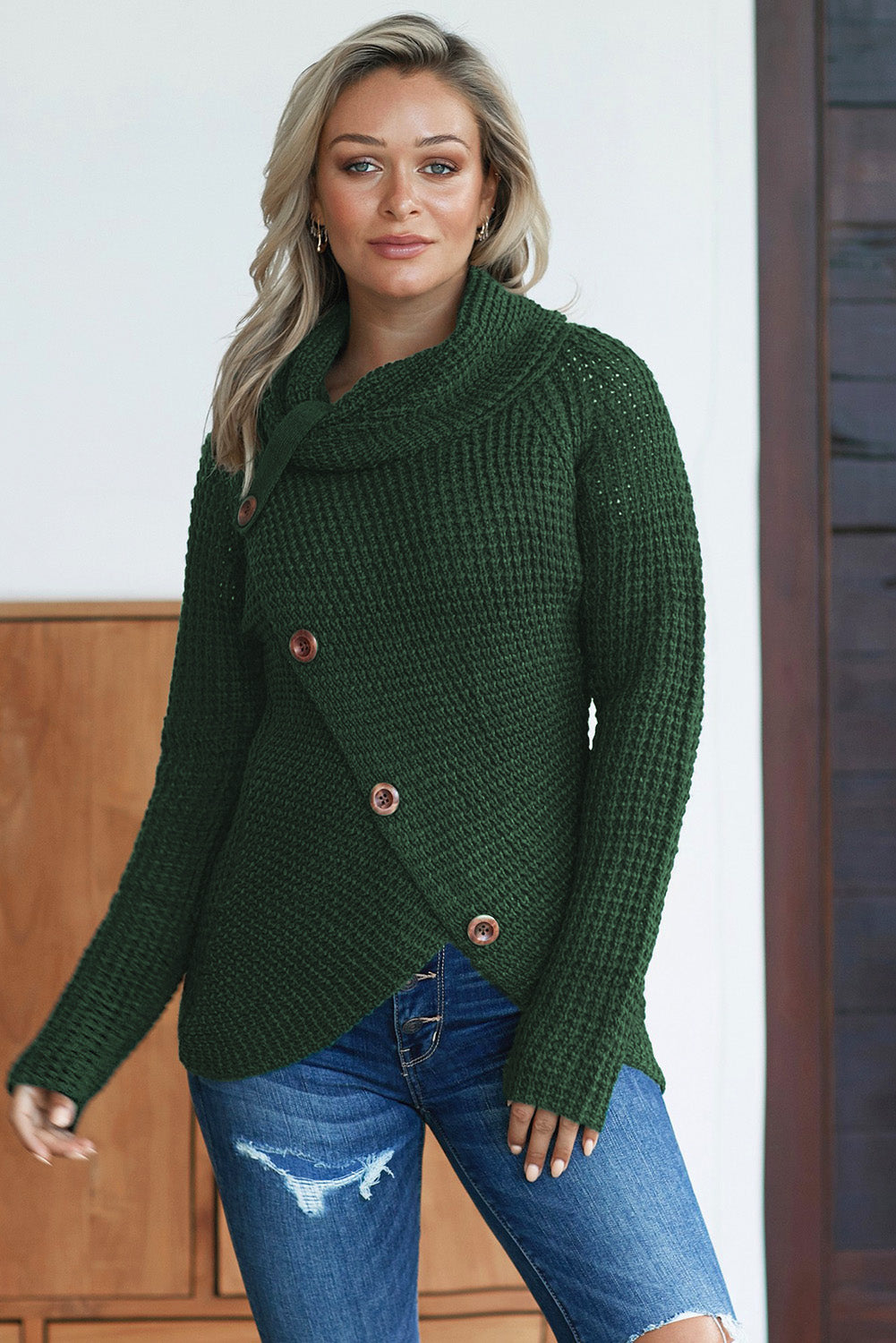 Khaki Buttoned Wrap Turtleneck Sweater