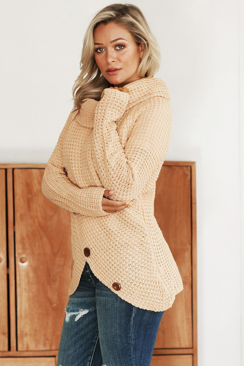 Khaki Buttoned Wrap Turtleneck Sweater