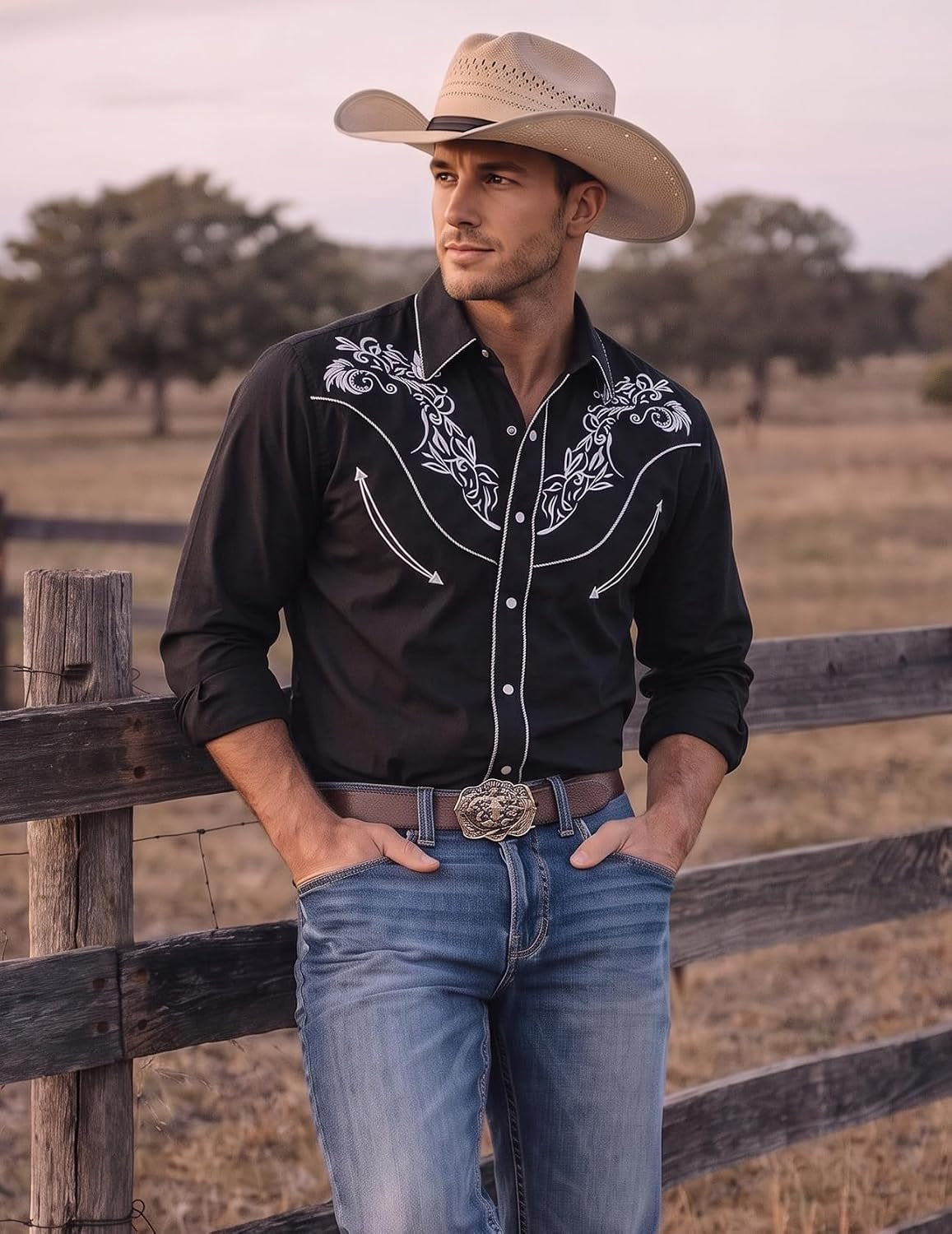Men'S Cowboy Shirts Embroidered Rose Design Shirts Western Long Sleeve Button down Shirts