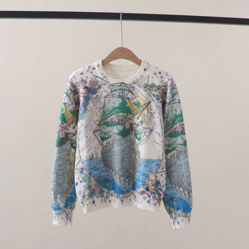 Fall Winter Art Print Sailboat Women's Sweater Pullover Swater Women Clothing Retro Crewneck Knitted Bottom top Y2K Clothes