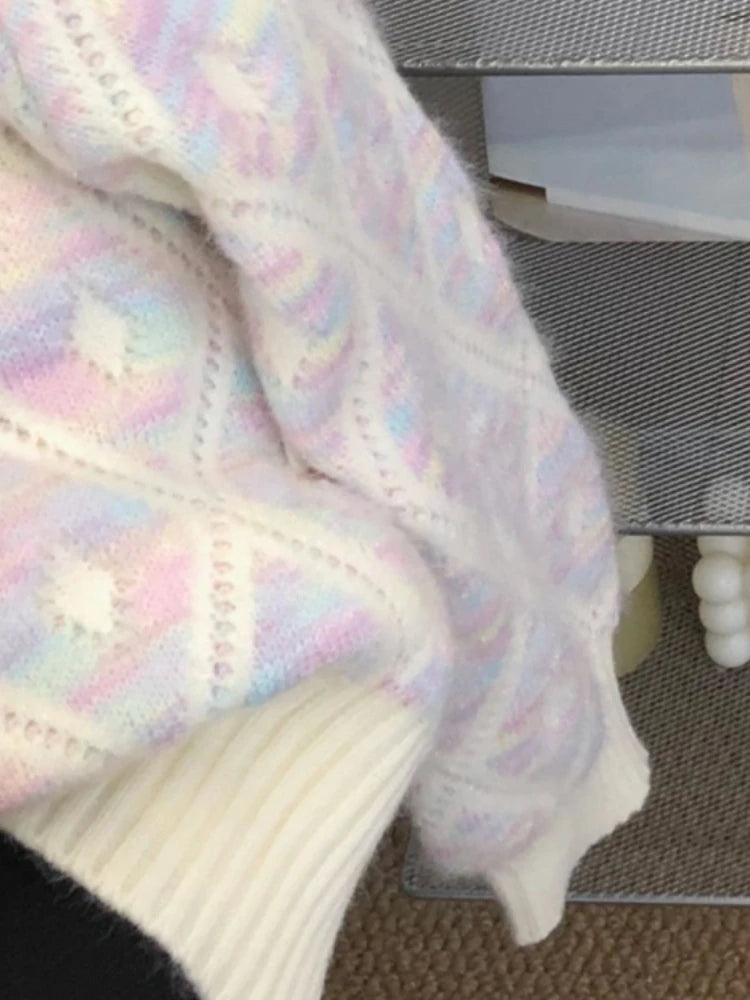 Sweet Women Sweaters Contrast Color Argyle V Neck Fall Winter Short Cardigans Korean Style Elegant Chaquetas