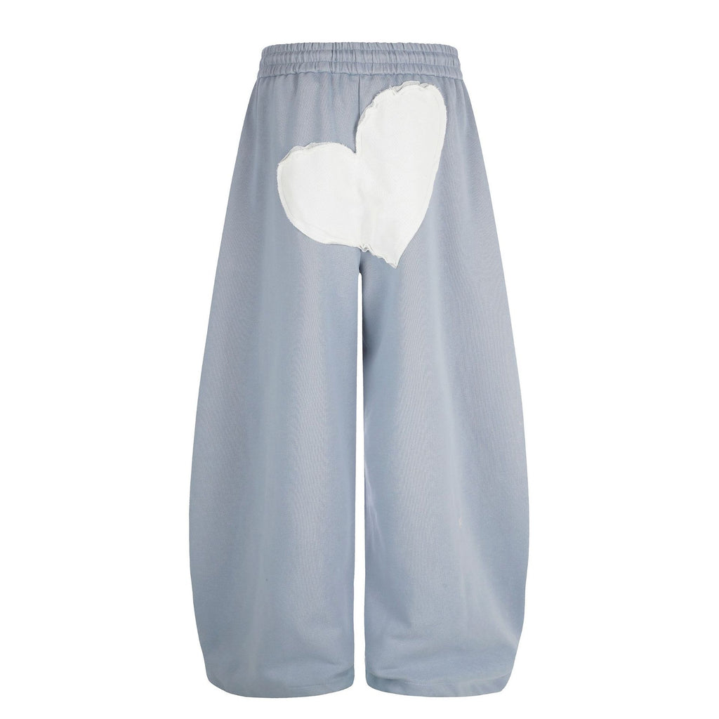 Heart Applique Curved Wide Leg Drawstring Elastic Waist Loose Draped Casual Pants