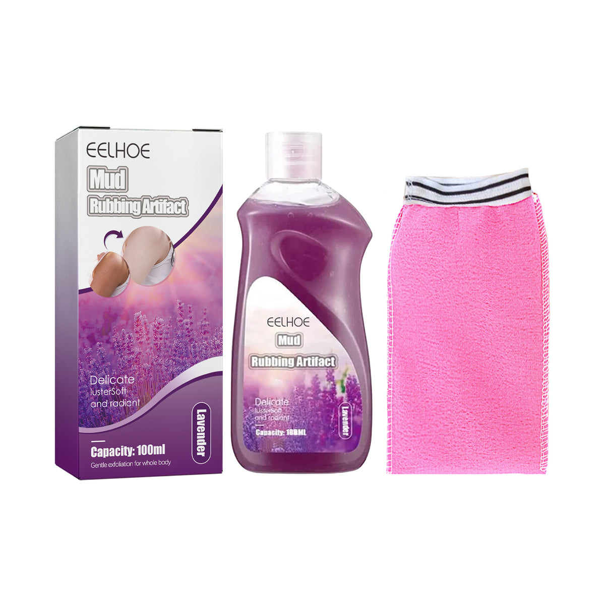 EELHOE Body Exfoliating Gel - Lavender Set, For Skin Cleansing, Back Acne Scrubbing, Improving Dull Skin, Bath Towel