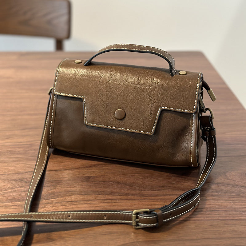 Genuine Leather Satchel handbags, Mini Leather Crossbody Bag with Removable Strap, Vintage Leather City Bag