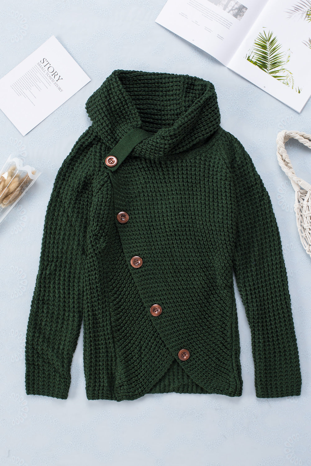 Khaki Buttoned Wrap Turtleneck Sweater