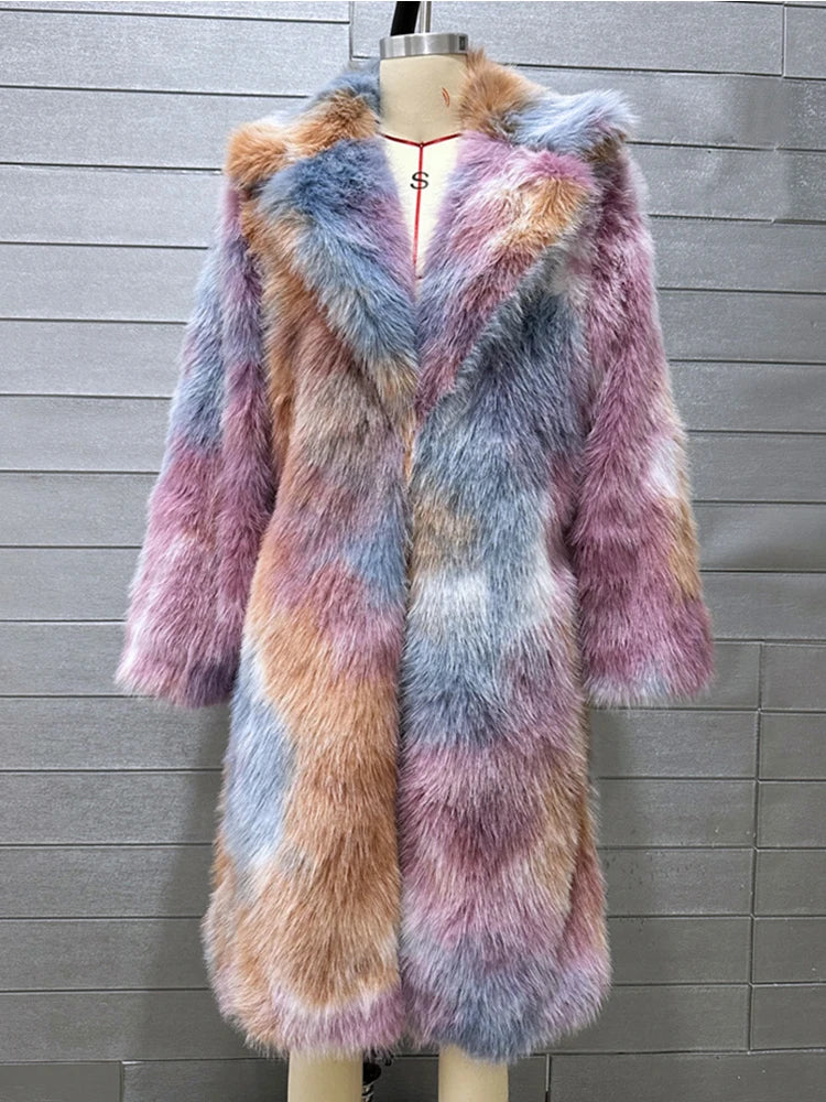Colored Long Lapel Faux Fox Fur Coat Women Luxury Loose Fluffy Faux Fur Jackets For Women Winter Fur Coats Cardigan