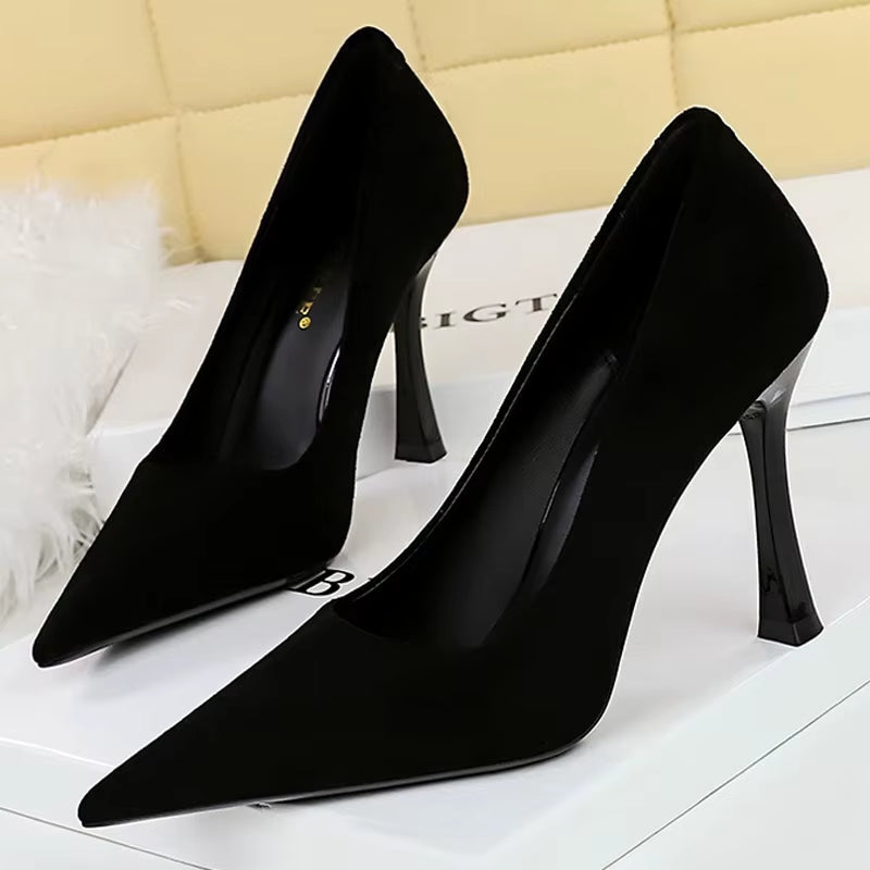 BIGTREE Shoes Suede Black Women Pumps Wine Glasses and High Heels Pointed Toe Women Heels 7 Cm 10Cm Ladies Shoes Office Shoes