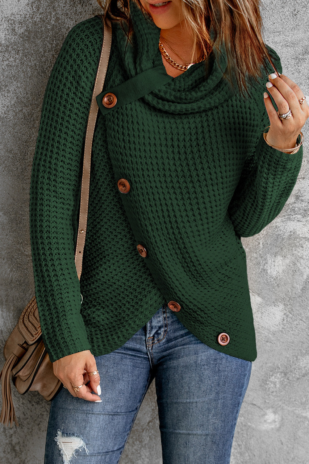 Khaki Buttoned Wrap Turtleneck Sweater