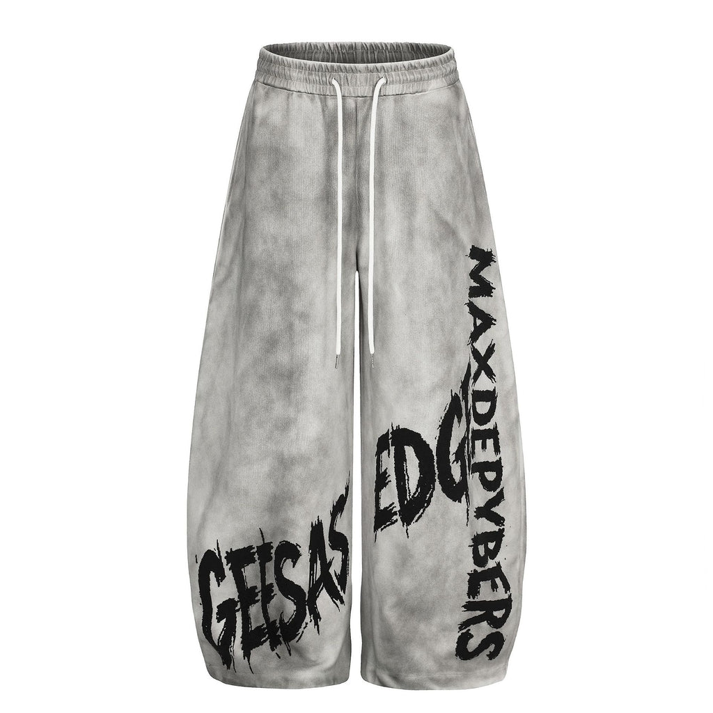 Tie-Dye Graffiti Distressed Loose Drapey Wide Leg Elastic Drawstring Casual Pants
