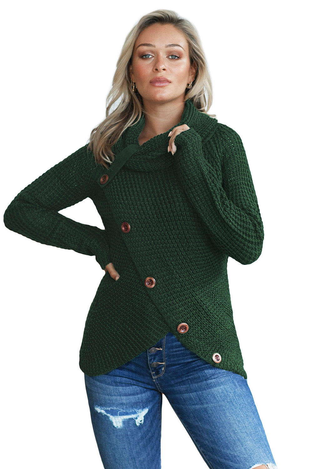 Khaki Buttoned Wrap Turtleneck Sweater