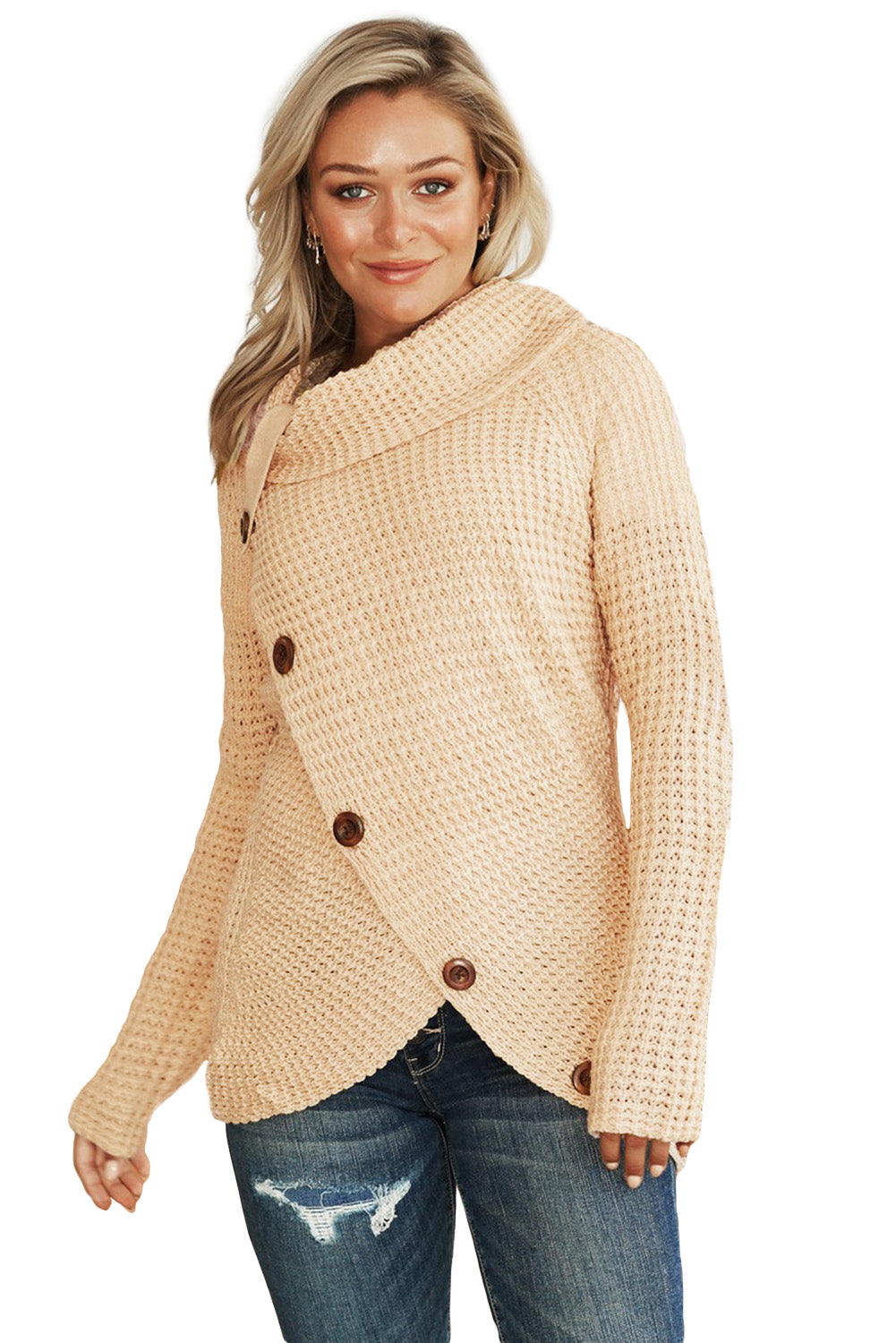 Khaki Buttoned Wrap Turtleneck Sweater