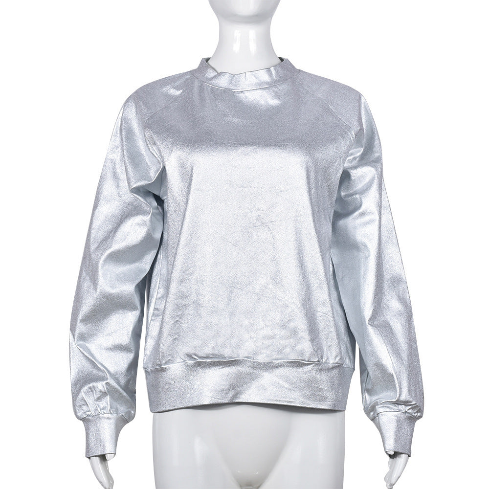 Silver T-Shirt Women Fall Fashion Matching Solid Female Clothing Basic Crew Neck Tops Street Punk