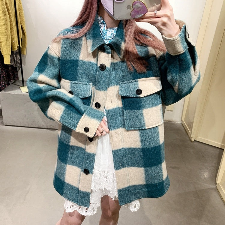 High Quality Ins Hot Warm Women Coat Fall/Winter Plaid Woolen Turtleneck Pocket Wool Contrast Color Women Mid-length Coat