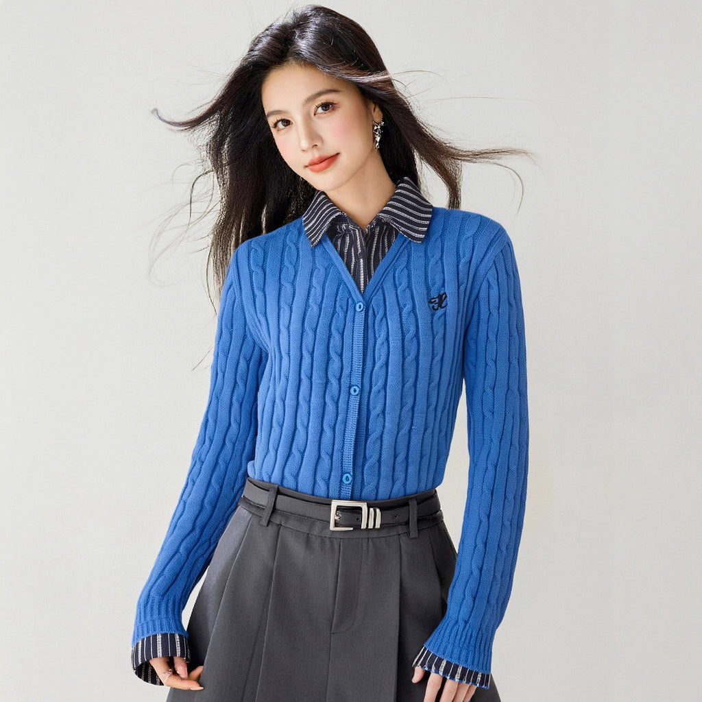 Academic Style Plaid Spliced False Two-Piece Knit Sweater for Women, Fall Fashion Design Knit Cardigan Top