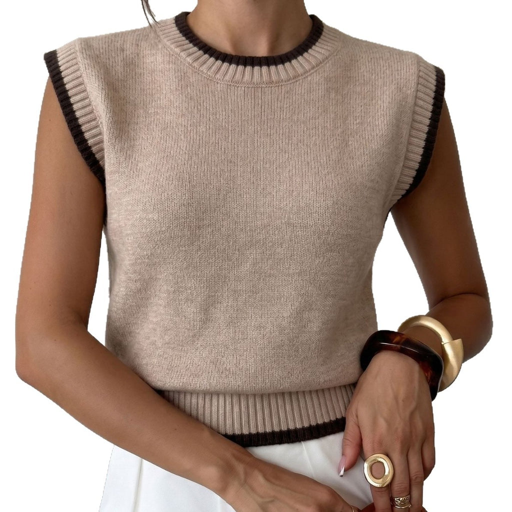 Fall and Winter New Color-Blocked Round Neck Knit Vest for Women, Loose Sleeveless Sweater Top