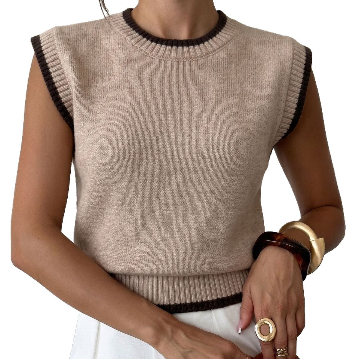 Fall and Winter New Color-Blocked Round Neck Knit Vest for Women, Loose Sleeveless Sweater Top