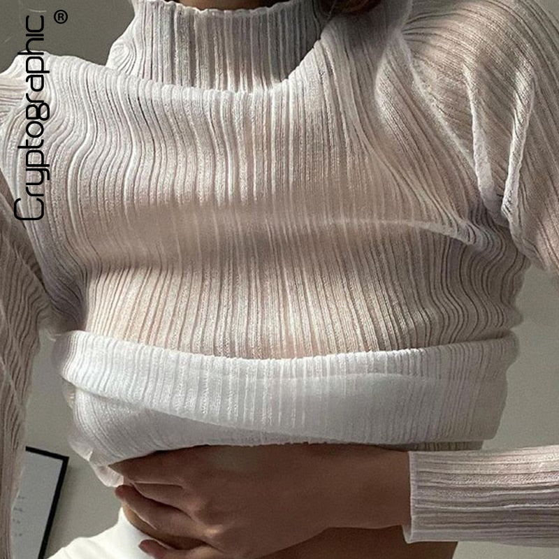 Cryptographic Fall Elegant See Through Long Sleeve Mock Neck Women Tops Fashion Streetwear Sexy T-Shirts Tees Slim Clothes
