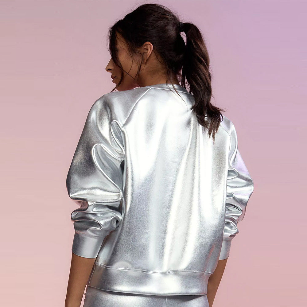 Silver T-Shirt Women Fall Fashion Matching Solid Female Clothing Basic Crew Neck Tops Street Punk