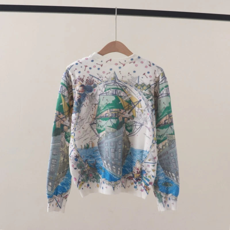 Fall Winter Art Print Sailboat Women's Sweater Pullover Swater Women Clothing Retro Crewneck Knitted Bottom top Y2K Clothes