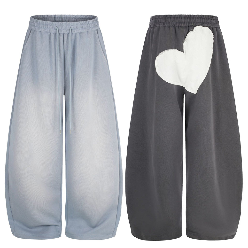 Heart Applique Curved Wide Leg Drawstring Elastic Waist Loose Draped Casual Pants