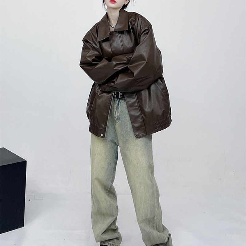 Fall New PU Leather Solid Color Hip-Hop Jacket, Biker Style Casual Versatile Coat for Men and Women