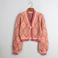 Fashion Spring Fall Knit Cropped Cardigan Lantern Sleeve Casual V-Neck Slim Argyle Women Sweater Outwear High Quality