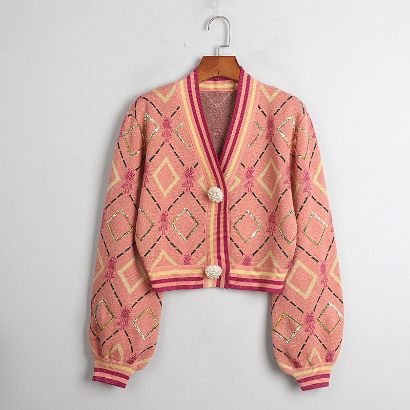 Fashion Spring Fall Knit Cropped Cardigan Lantern Sleeve Casual V-Neck Slim Argyle Women Sweater Outwear High Quality
