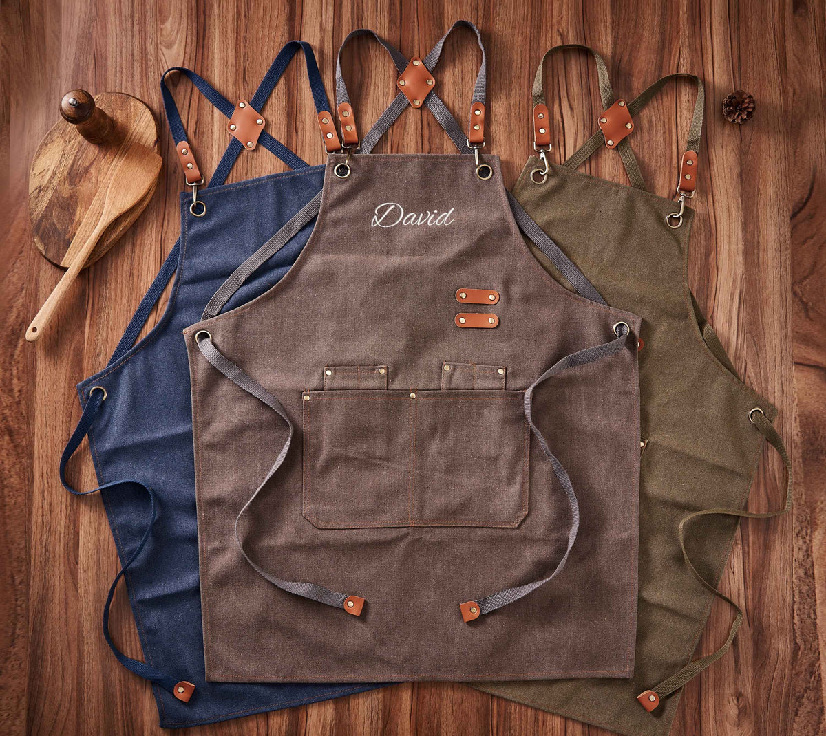 Custom Canvas Apron with Pockets, Personalized Embroidered BBQ, Kitchen, Barista and Workshop Apron