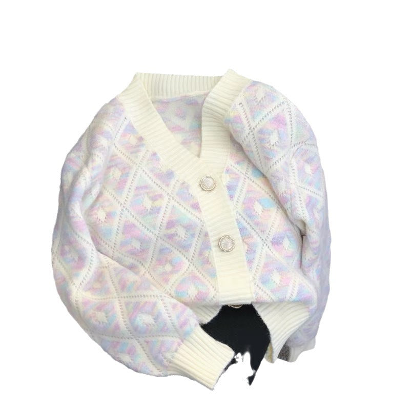 Sweet Women Sweaters Contrast Color Argyle V Neck Fall Winter Short Cardigans Korean Style Elegant Chaquetas