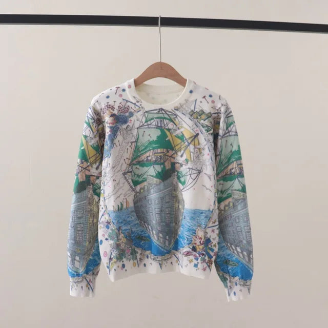 Fall Winter Art Print Sailboat Women's Sweater Pullover Swater Women Clothing Retro Crewneck Knitted Bottom top Y2K Clothes