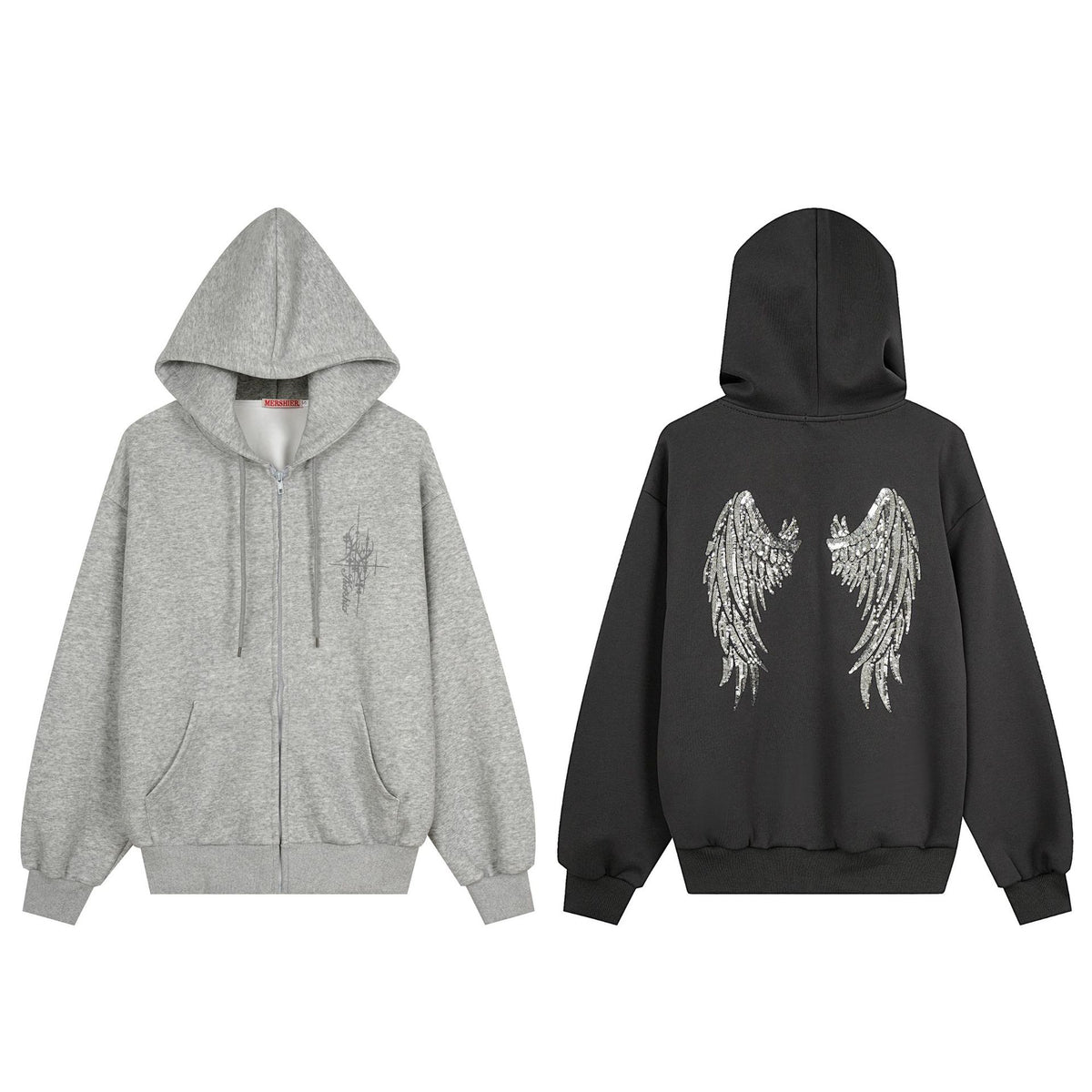 Graffiti Print Oversized Hooded Open Front Sweatshirt Jacket with Back Sequin Wings Unisex Casual