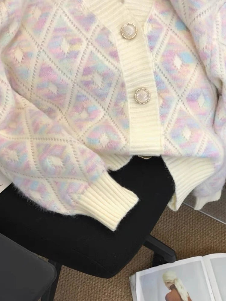 Sweet Women Sweaters Contrast Color Argyle V Neck Fall Winter Short Cardigans Korean Style Elegant Chaquetas