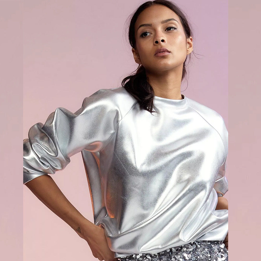 Silver T-Shirt Women Fall Fashion Matching Solid Female Clothing Basic Crew Neck Tops Street Punk
