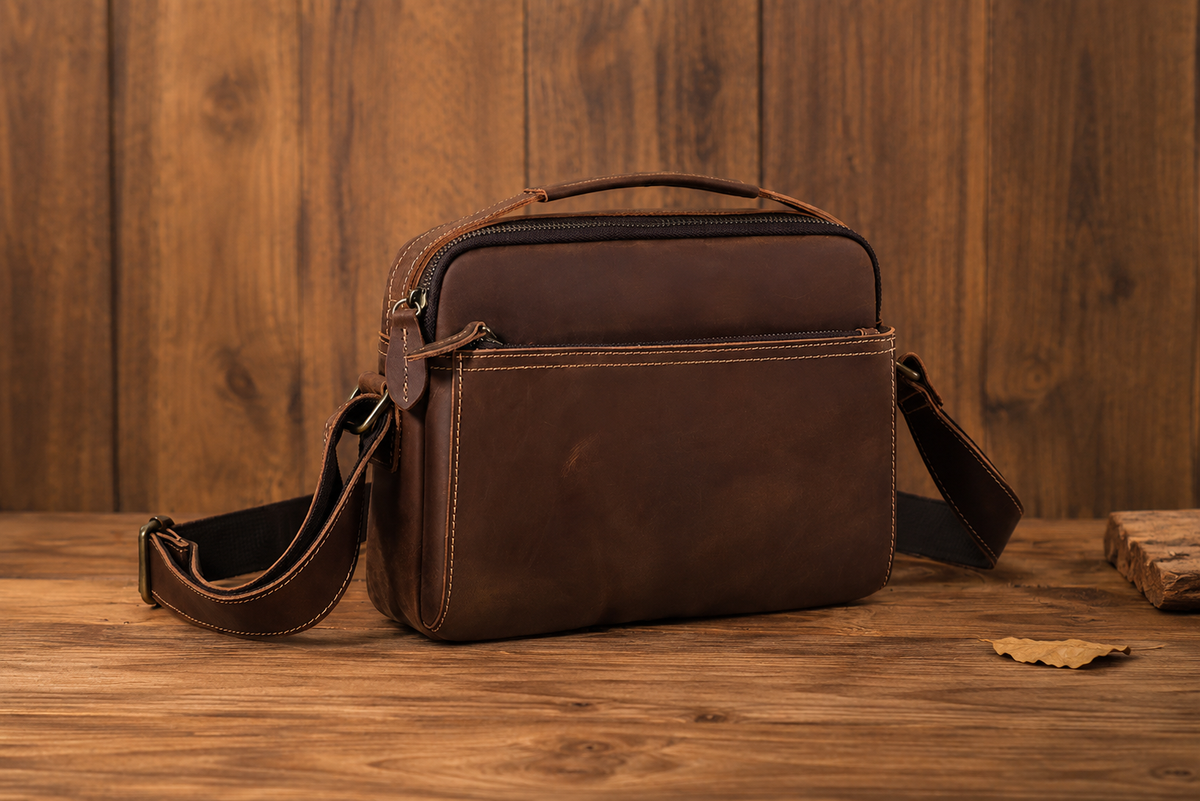 Crazy Horse Leather Crossbody Bag for Men, Premium Casual Commuter Shoulder Bag, Multifunctional Horizontal Men's Bag