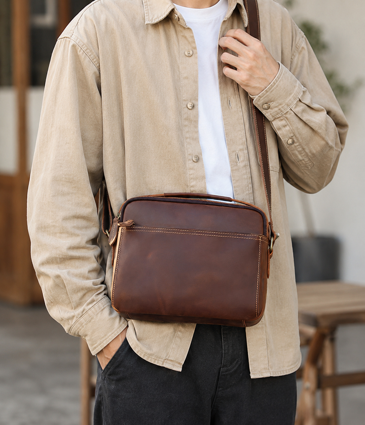 Crazy Horse Leather Crossbody Bag for Men, Premium Casual Commuter Shoulder Bag, Multifunctional Horizontal Men's Bag