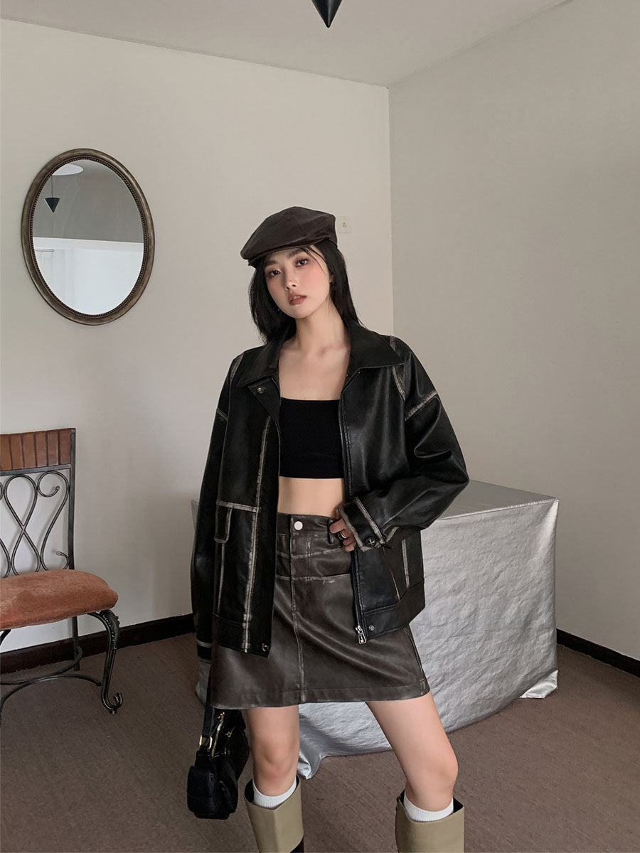 Pockets Faux Leather Jacket Women Fall Winter Vintage New Oversized Faux Pu Coat Chic Turn Down Collar Outerwear