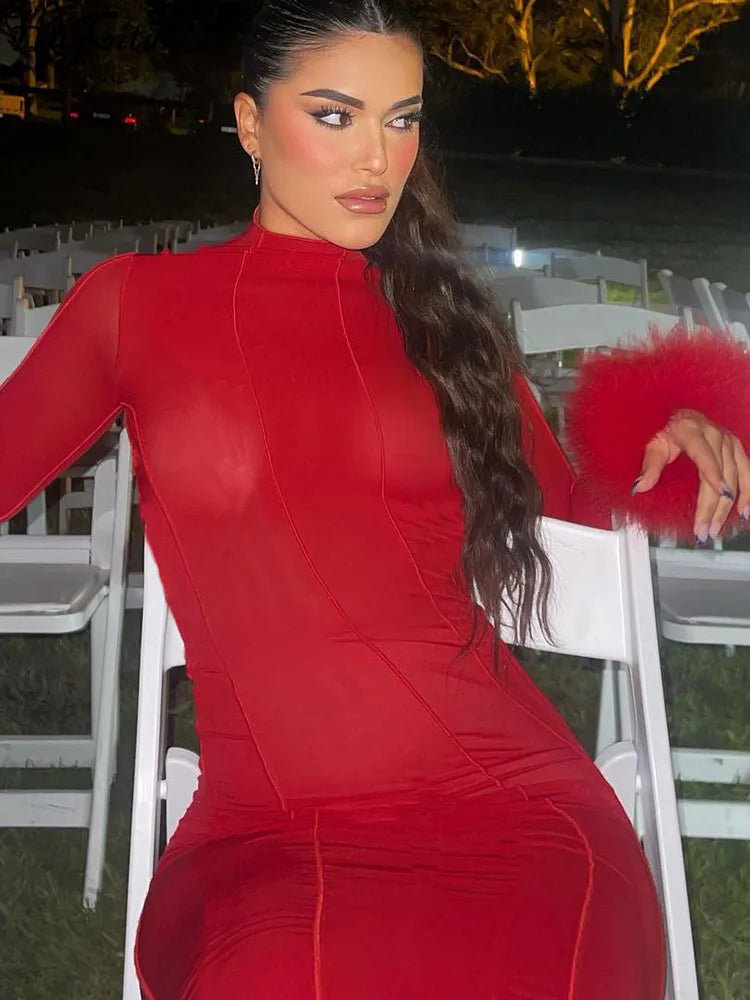 Feather Long Sleeves Bright Line Sexy Prom Dress Fall Women Elegant Casual Outfit Evening Party Club