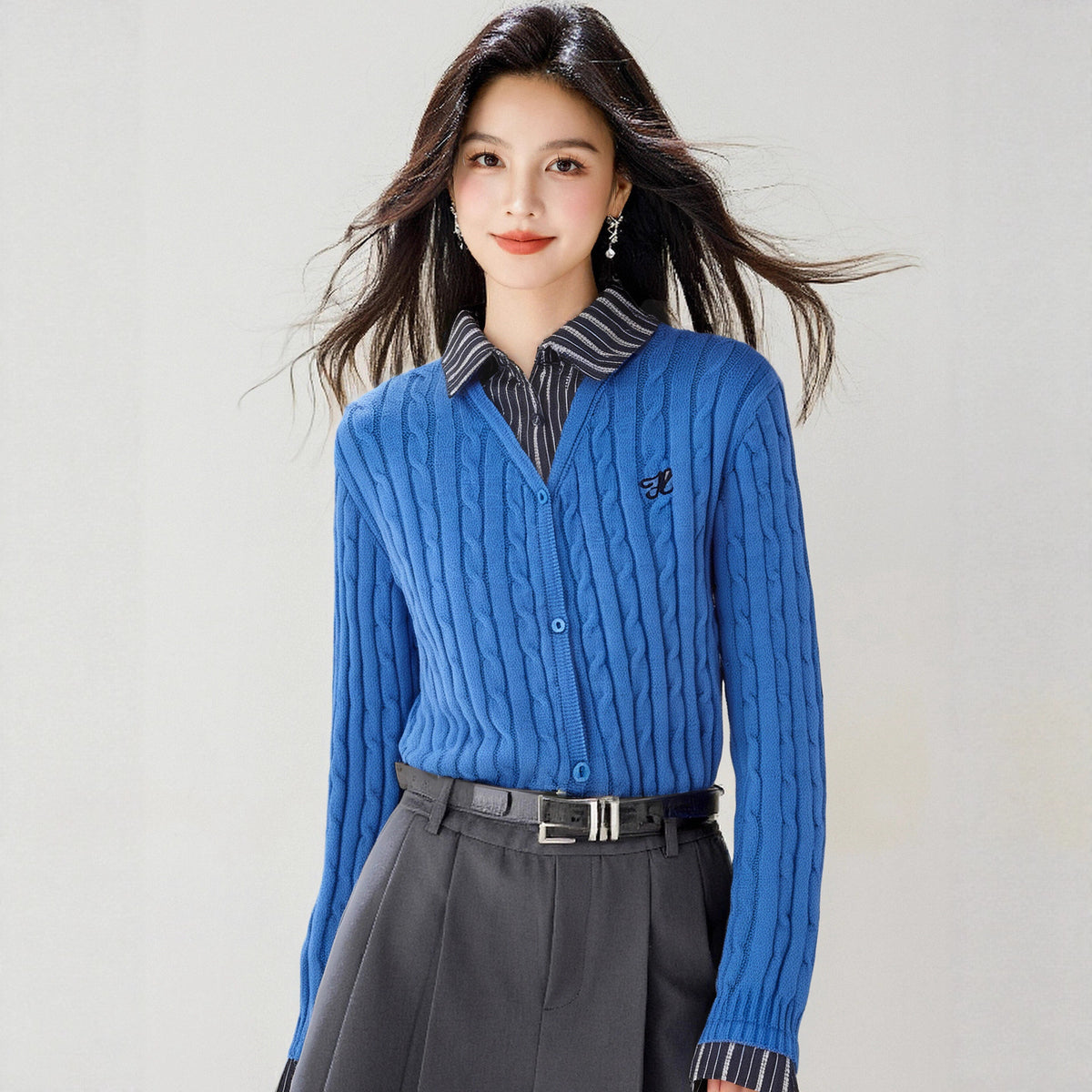 Academic Style Plaid Spliced False Two-Piece Knit Sweater for Women, Fall Fashion Design Knit Cardigan Top
