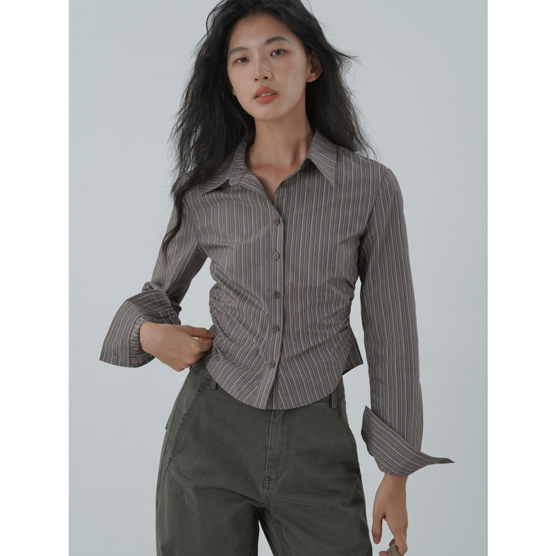 Fall Vintage Striped Fitted Blouse for Women Turn-down Collar Long Sleeve TopOffice Casual Style