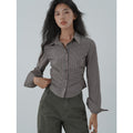 Fall Vintage Striped Fitted Blouse for Women Turn-down Collar Long Sleeve TopOffice Casual Style