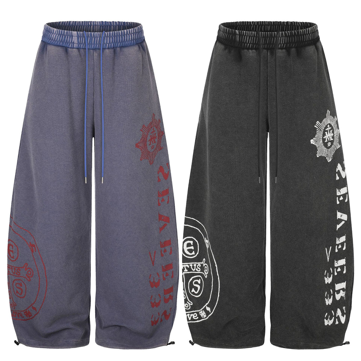 Washed Waffle Print Wide Leg Elastic Waist Drawstring Track Pants