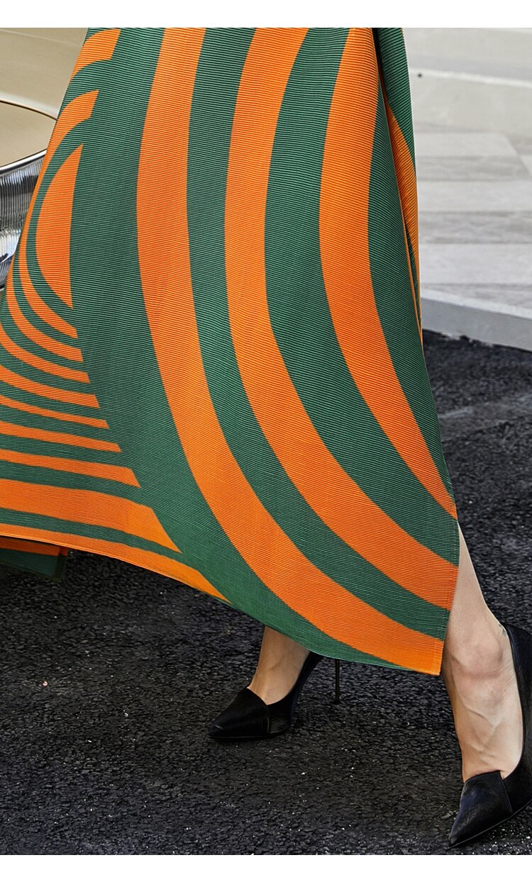 Fall Loose women pleated designer dress with Sashes orange stripes Bohemian dress high fashion aesthetic indie clothes