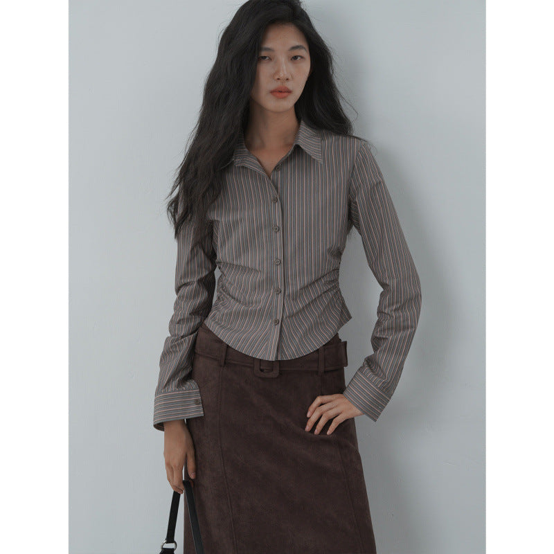 Fall Vintage Striped Fitted Blouse for Women Turn-down Collar Long Sleeve TopOffice Casual Style