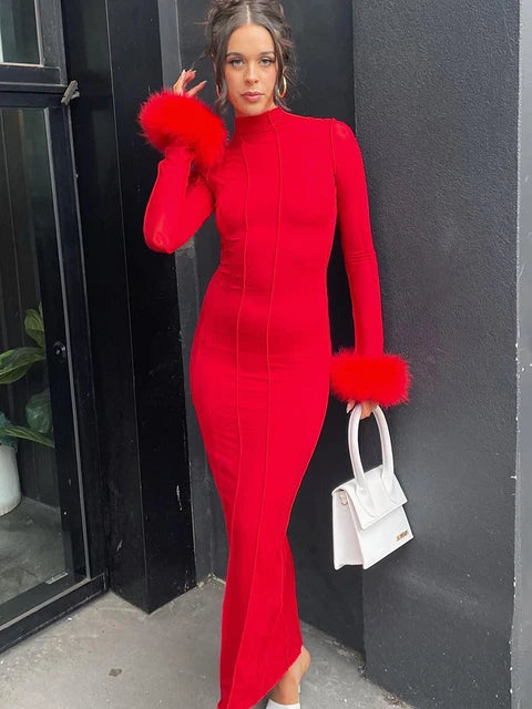 Feather Long Sleeves Bright Line Sexy Prom Dress Fall Women Elegant Casual Outfit Evening Party Club