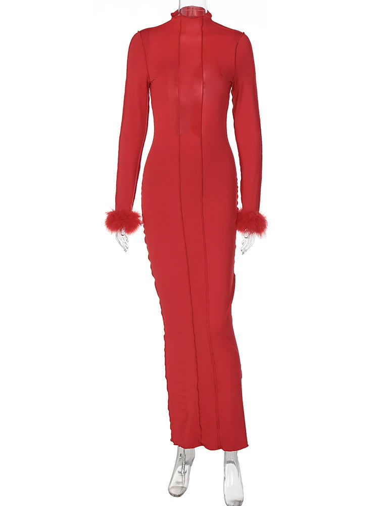Feather Long Sleeves Bright Line Sexy Prom Dress Fall Women Elegant Casual Outfit Evening Party Club