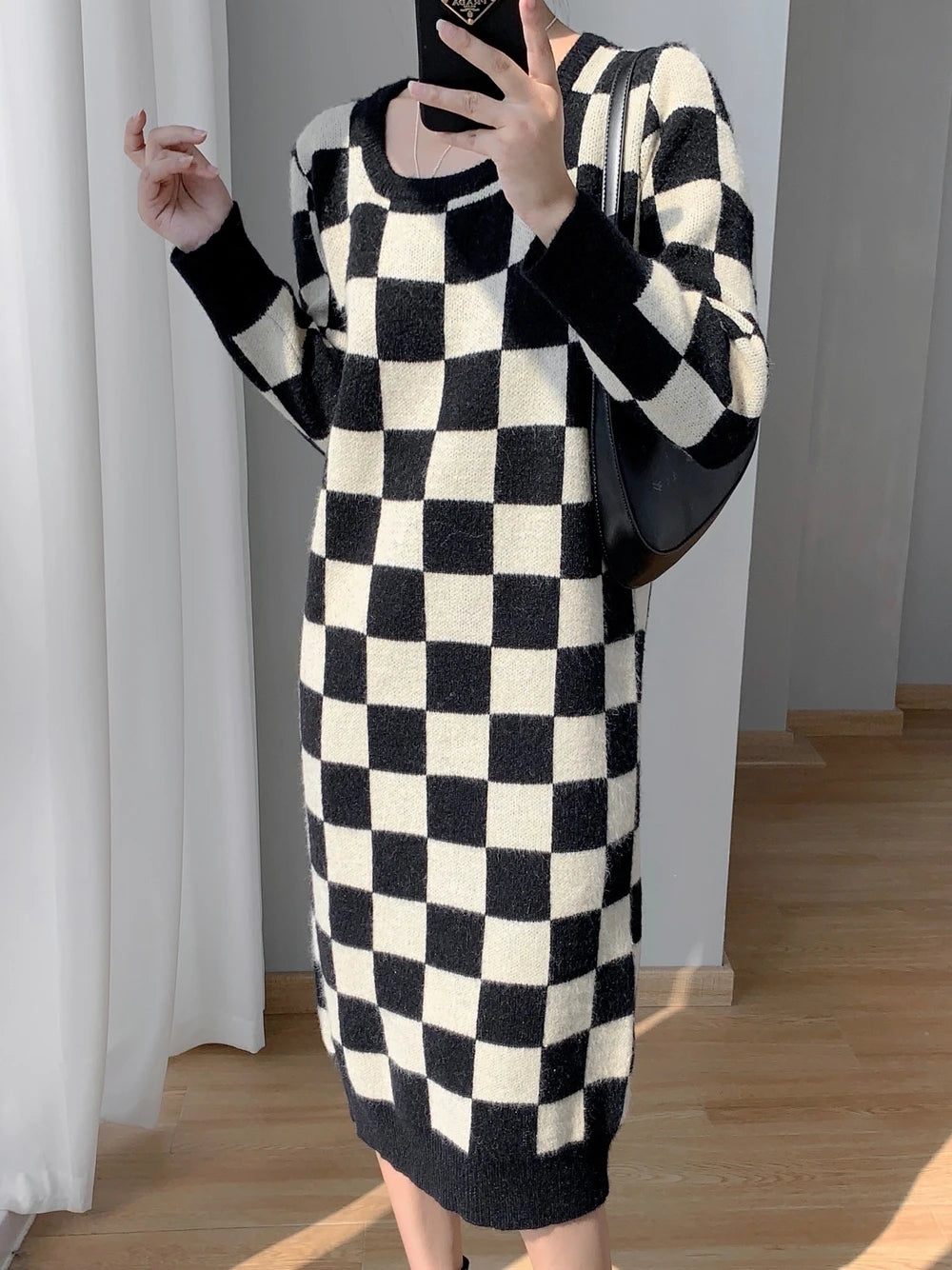 Fall Winter New Vintage O-neck Loose Long Sweater Dress Women Oversize Plaid Knitted Sweater Casual Spring Knit Dresses