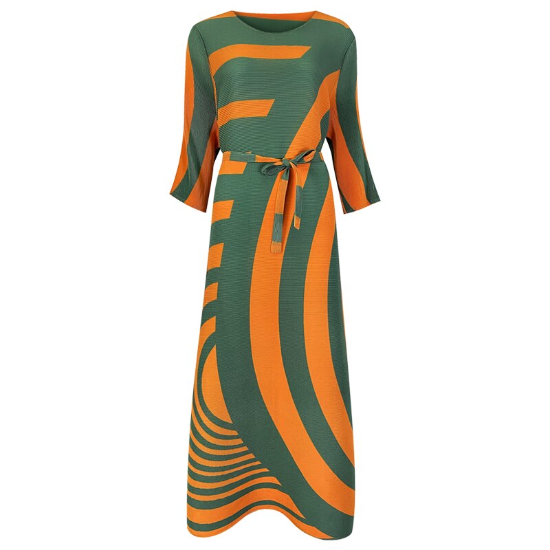 Fall Loose women pleated designer dress with Sashes orange stripes Bohemian dress high fashion aesthetic indie clothes