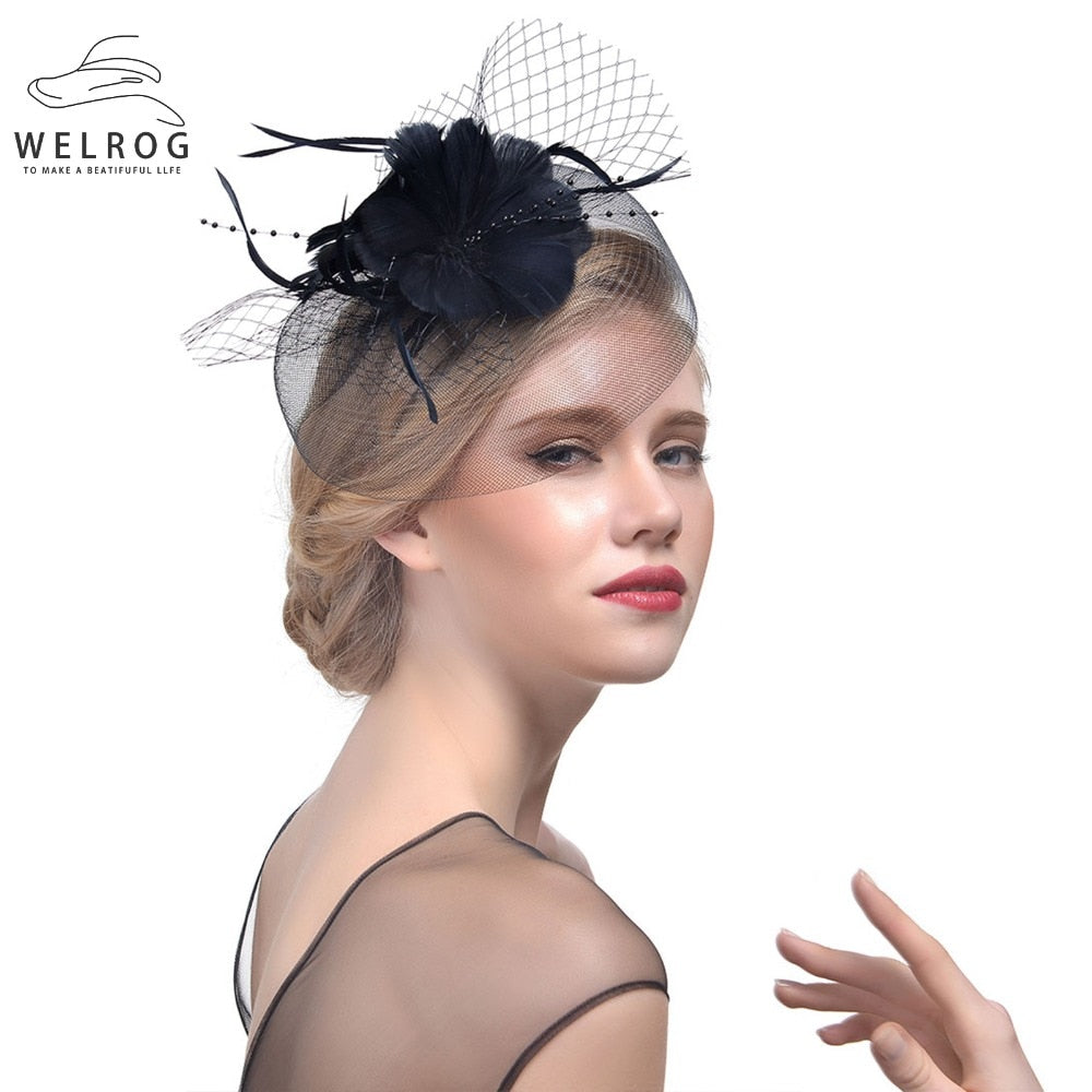 WELROG Feather Cap Lady Cocktail Dinner Party Fedoras Wedding Bridal Mesh Veil Hats Vintage Sombreros Chapeau Fascinators Hat