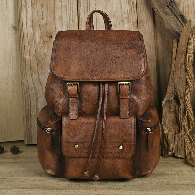 Full Grain Leather Laptop Backpack Large Capacity Weekender Overnight Camping Rucksack Men Leather Backpack